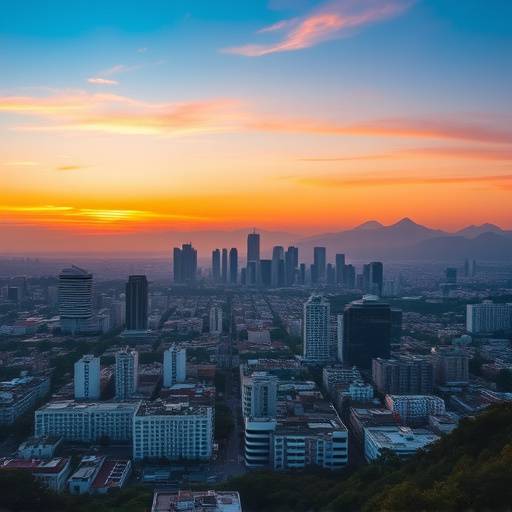 Panoramic view of the Mexico City skyline at sunset, symbolizing the country's economic growth.
